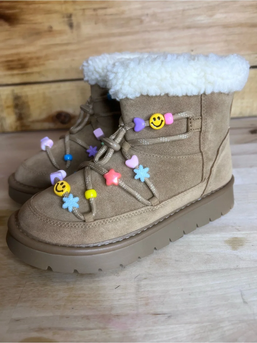 Art Class Char Girls' Faux-Sherpa Beaded Lace-Up Boots NWT Size 13